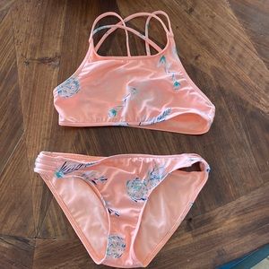 Orange/coral roxy tropical print top bottom set swimsuit size 8